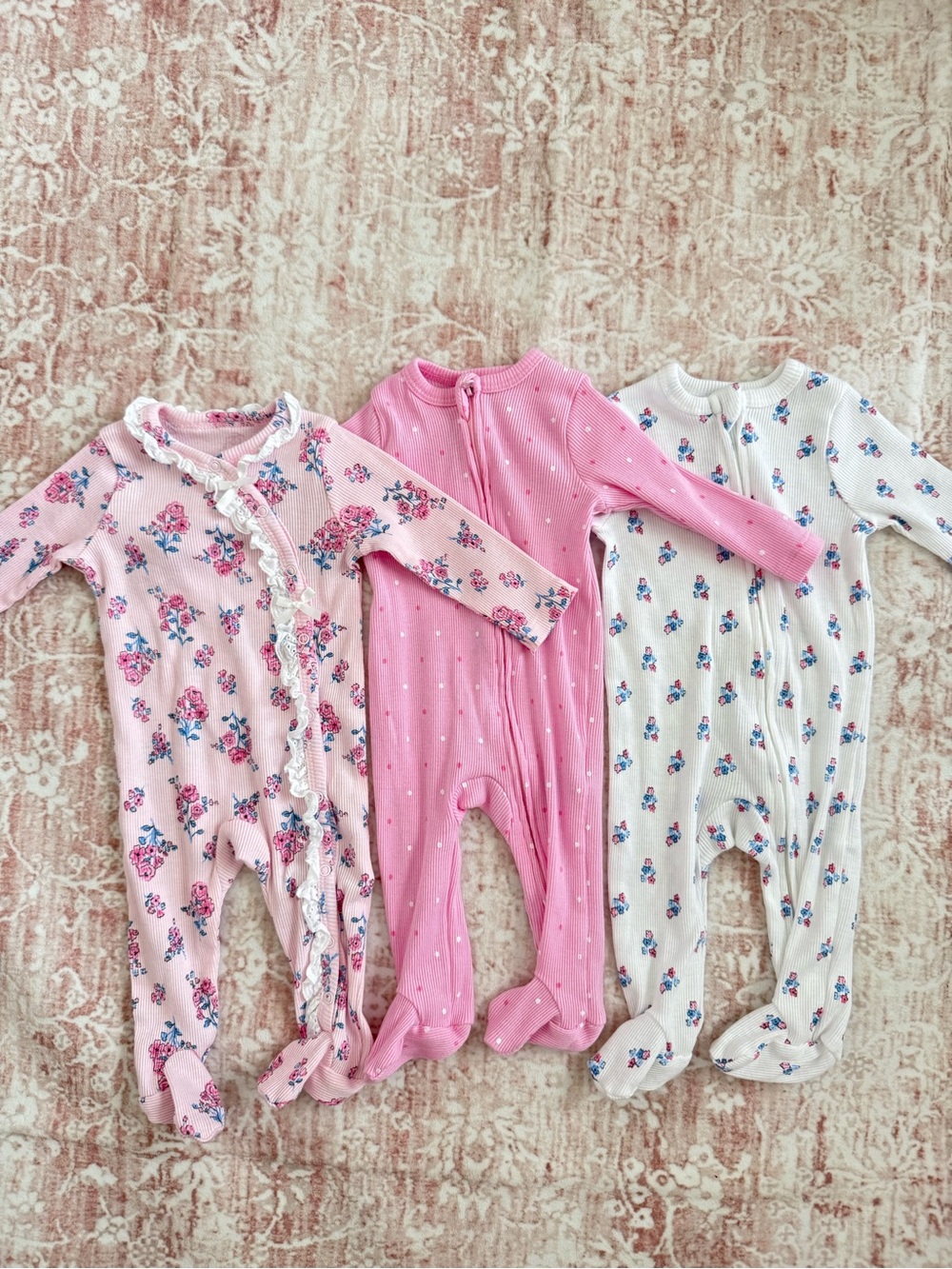 Baby Girls Pink Floral & Solid Footed One-Piece Sleepers - 3 Pack